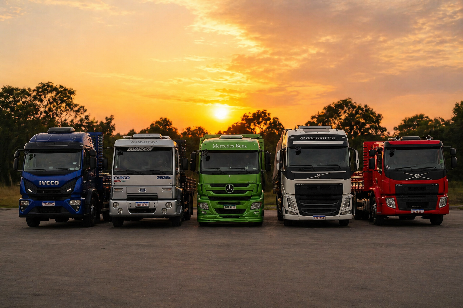 Frota Transportes Agliatti — caminhões Mercedes-Benz, Volvo e Iveco ao pôr do sol