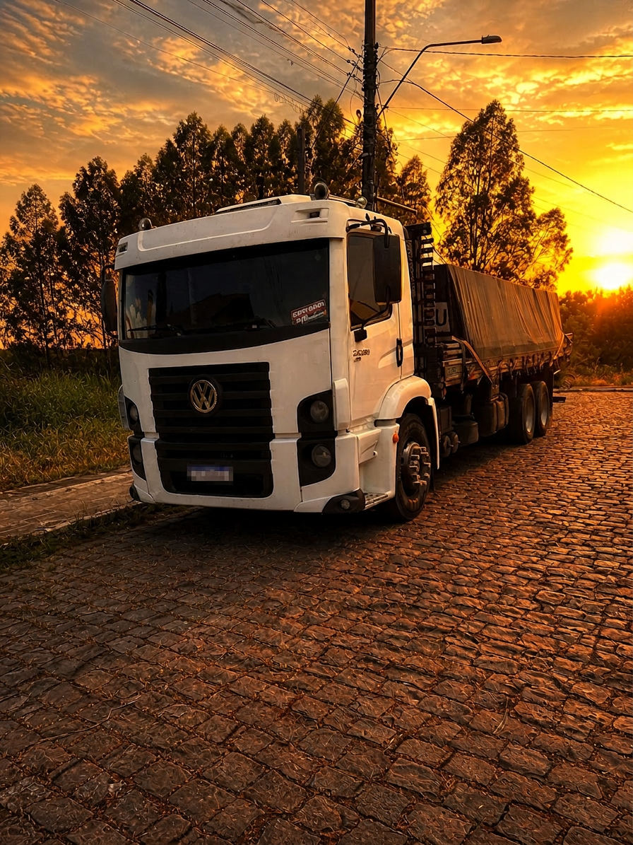 Caminhão Volkswagen 24.280 da frota Agliatti ao pôr do sol