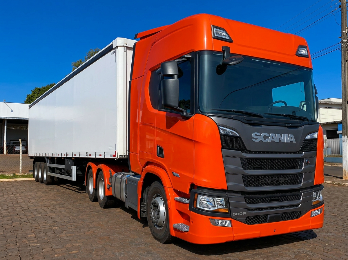 Caminhão Scania 500R laranja com sider branco da frota Agliatti