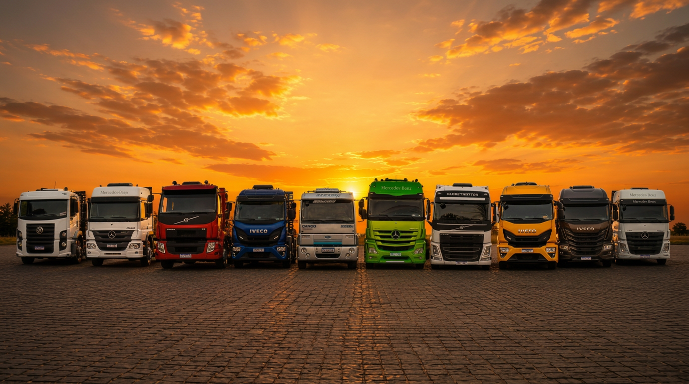 Frota de caminhões Transportes Agliatti ao pôr do sol